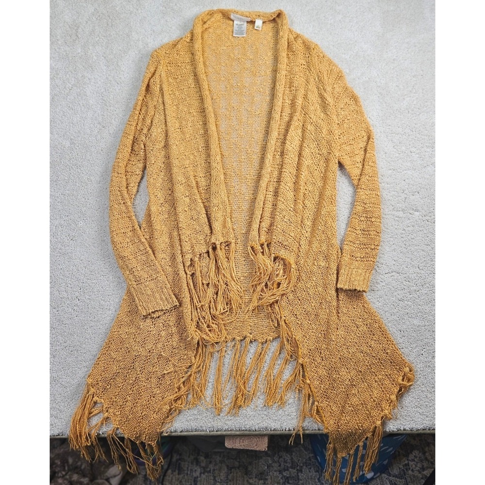 Listicle Open‎ Front Fringe Cardigan Duster Loose Knit Acrylic Mohair Mustard S